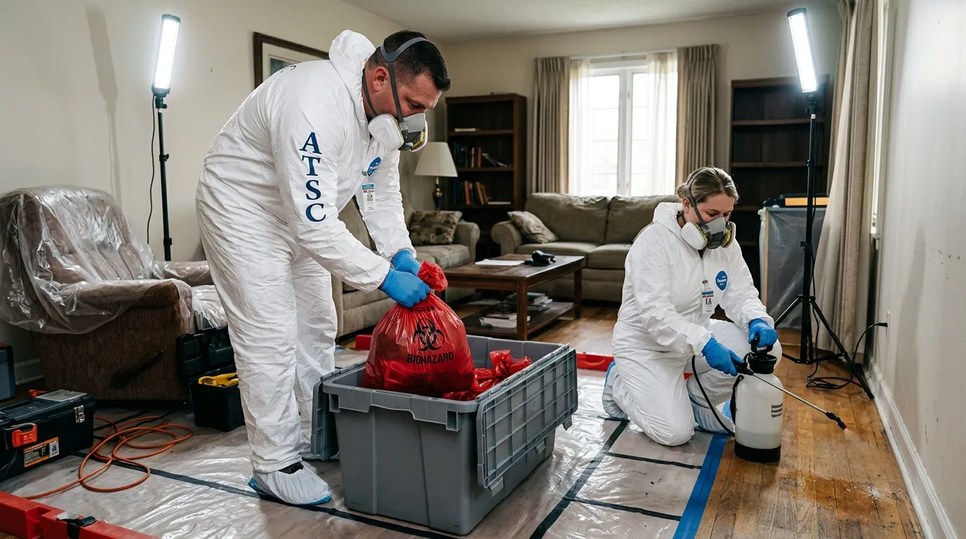 Professional Hoarding Cleanup technician in full PPE working in Lemay